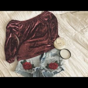 Maroon velvet off the shoulder top